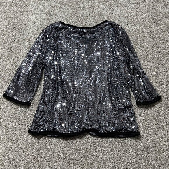 Iman Womens 1X Black & Silver Sequin Open Front Jacket 3/4 Sleeves Party Wear - Picture 5 of 9